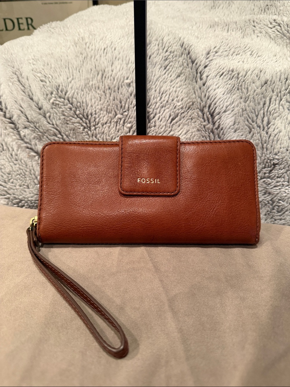 Fossil Cognac Leather Wristlet Wallet with Gold Logo